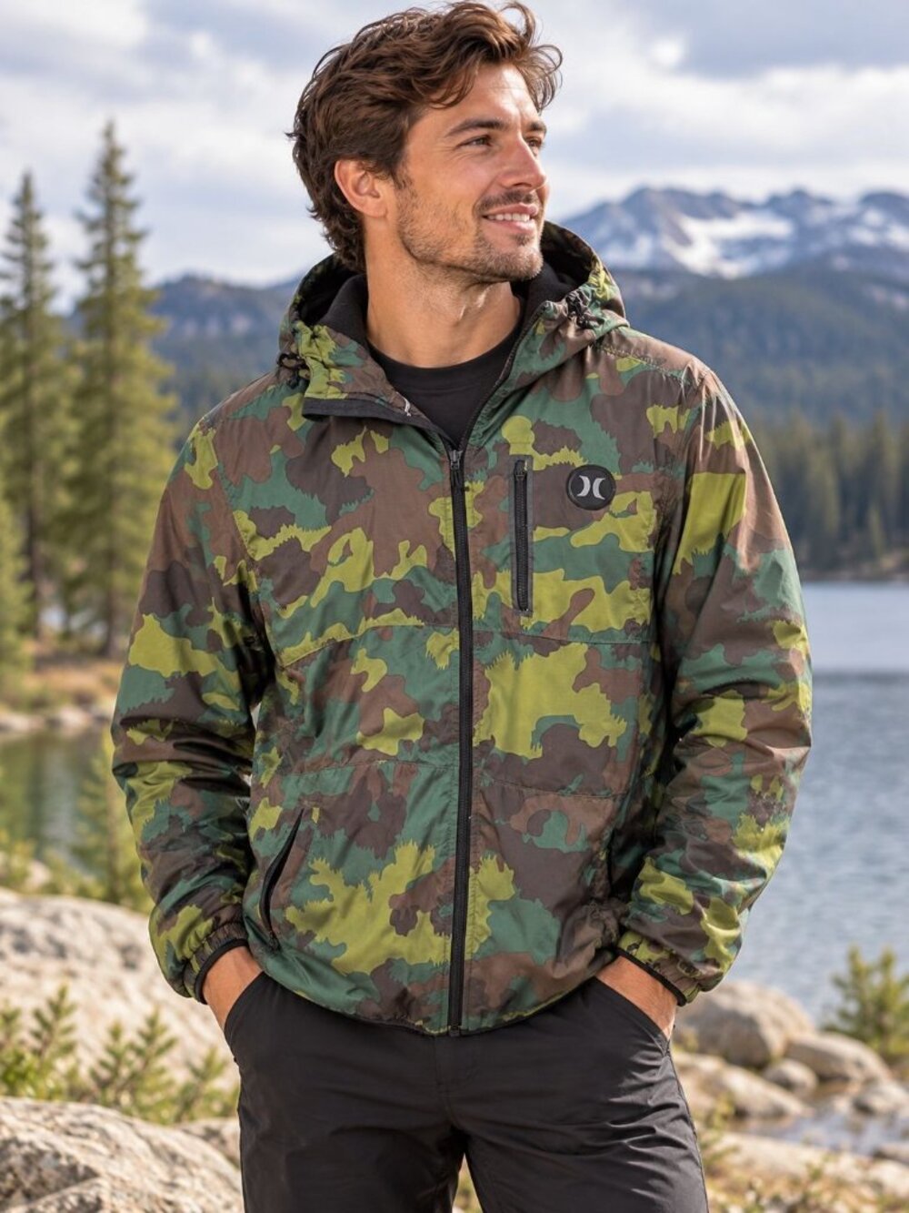 Hurley Men’s Large Camouflage Hooded Zipper Jacket Lightweight Durable